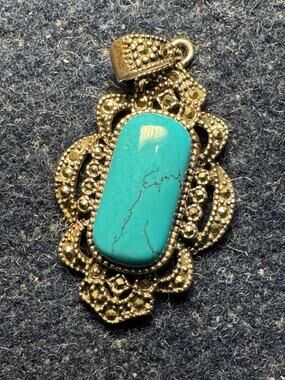 925 Silver Rectangular Turquoise Cabochon Marcasite Pendant
